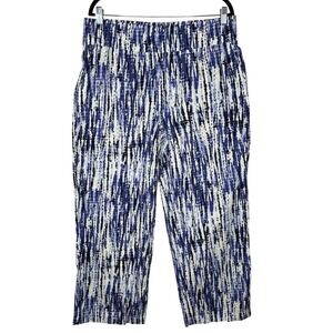 Land N‎ Sea Women's Linen Blend Wide Leg Pants Blue Print Size L Elastic Waist